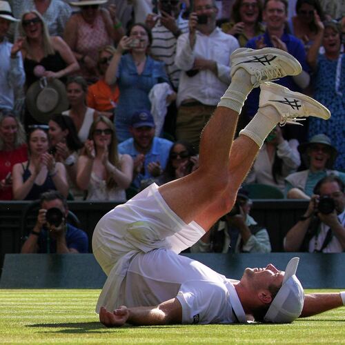 Arthur Fery of Britain reacts to winning against Flavio Cobolli of Italy in their quarter-final men's singles match at the Wimbledon Tennis Championships in London, Wednesday, July 8, 2026. (AP Photo/Brian Inganga)