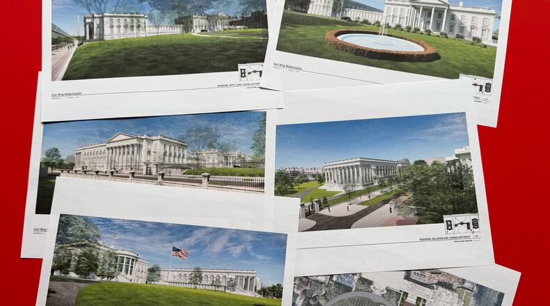 FILE - Artist renderings and diagrams of the new White House East Wing and Ballroom, are photographed Feb. 17, 2026. (AP Photo/Jon Elswick, File)