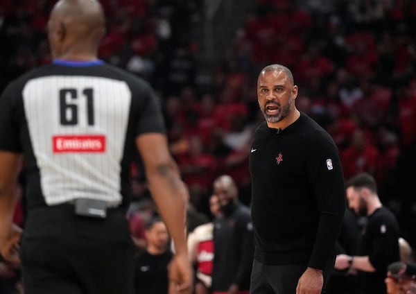 Houston Rockets head coach Ime Udoka talks to official Courtney Kirkland after a call during the first half of Game 2 of an NBA basketball first-round playoff series against the Houston Rockets in Houston, Wednesday, April 23, 2025. (AP Photo/Karen Warren)