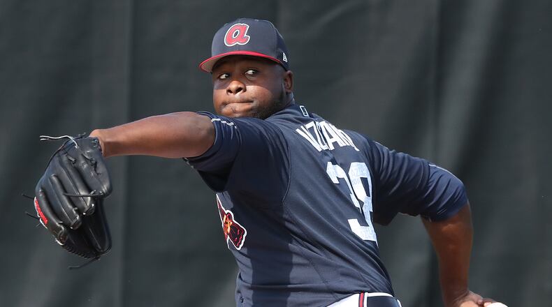 Feb 16, 2018 Lake Buena Vista: Braves pitcher Arodys Vizcaino delivers a pitch working with catchers on Friday, Feb 16, 2018, at the ESPN Wide World of Sports Complex in Lake Buena Vista.     Curtis Compton/ccompton@ajc.com