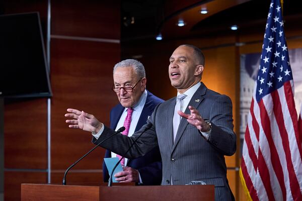 Senate Minority Leader Chuck Schumer, D-N.Y., left, and House Minority Leader Hakeem Jeffries, D-N.Y., hold a news conference on the GOP reconciliation bill, at the Capitol in Washington, Wednesday, June 11, 2025. (AP Photo/J. Scott Applewhite)