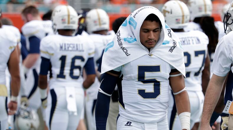 Georgia Tech quarterback Justin Thomas is questionable for the Georgia game. (AP photo)