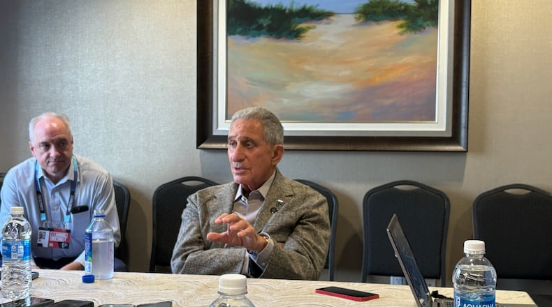Falcons owner Arthur Blank speaks with media at the NFL annual meeting at the Breakers resort in Palm Beach, Fla., April 1, 2025. (AJC photo by Ken Sugiura)