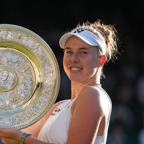 FILE - Linda Noskova of the Czech Republic poses with the trophy after winning against Karolina Muchova of the Czech Republic in the women's singles final at Wimbledon Tennis Championships in London, July 11, 2026. (AP Photo/Kirsty Wigglesworth, File)