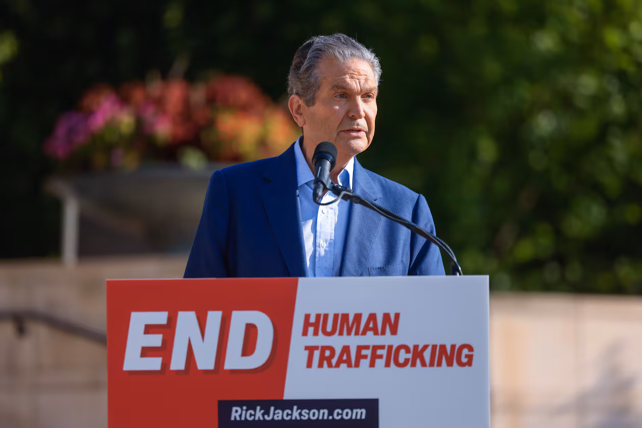 GOP nominee for governor Rick Jackson released his plan to fight human trafficking at a news conference on Wednesday in Atlanta. (Arvin Temkar/AJC)