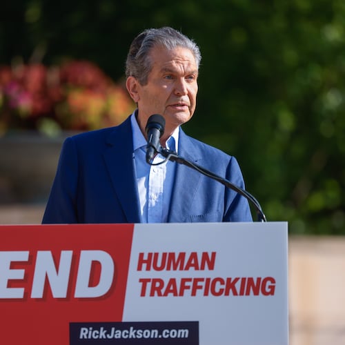 GOP nominee for governor Rick Jackson released his plan to fight human trafficking at a news conference on Wednesday in Atlanta. (Arvin Temkar/AJC)