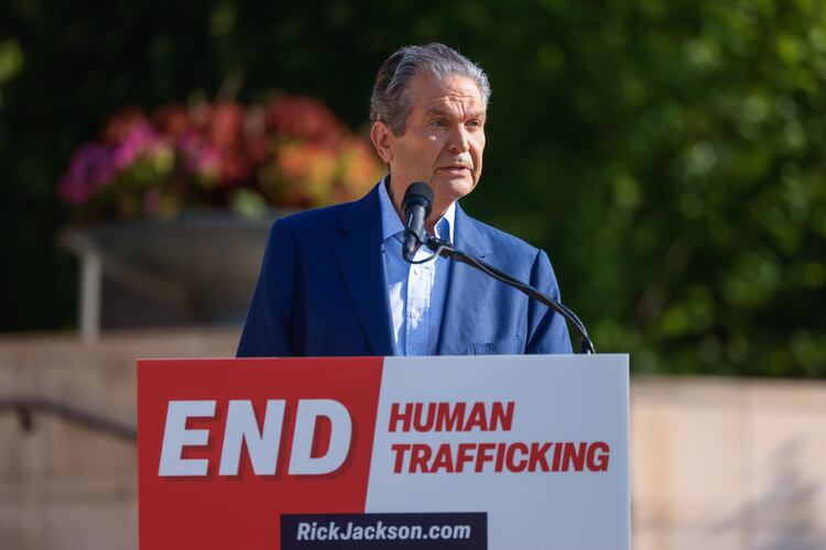 GOP nominee for governor Rick Jackson released his plan to fight human trafficking at a news conference on Wednesday in Atlanta. (Arvin Temkar/AJC)