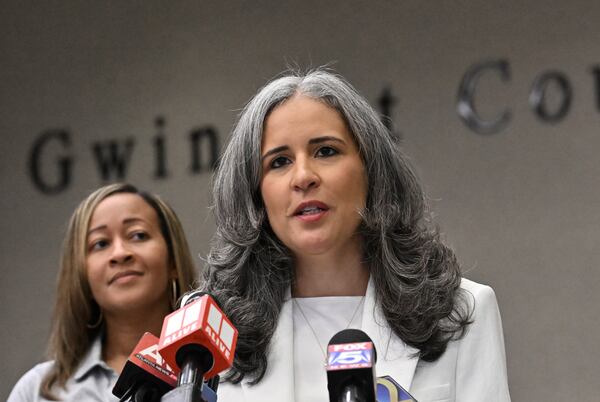 New Gwinnett County Superintendent Alexandra Estrella speaks during her first news conference at Gwinnett County Public Schools. (Hyosub Shin/AJC)
