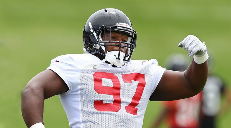 June 5, 2018 Flowery Branch: Atlanta Falcons defensive tackle Grady Jarrett runs a drill during organized team activity on Tuesday, June 5, 2018, in Flowery Branch.  Curtis Compton/ccompton@ajc.com
