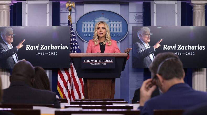 White House press secretary Kayleigh McEnany speaks during a news briefing in the James Brady Press Briefing Room of the White House May 20, 2020 in Washington, D.C. During the briefing, McEnany praised Ravi Zacharias, a Christian evangelist who had recently passed away from sarcoma. (Alex Wong/Getty Images/TNS)