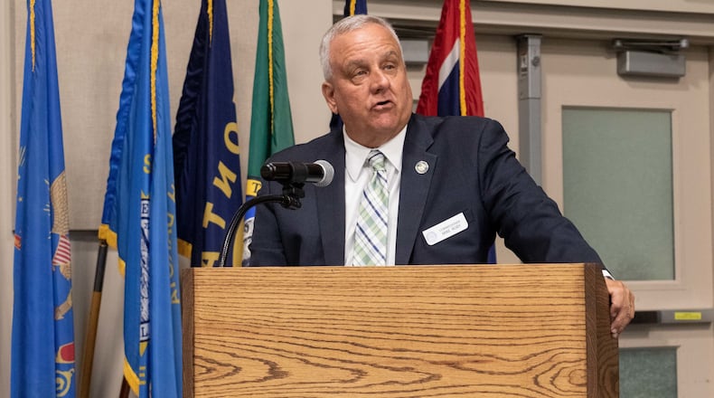 Mike Roby, commissioner of the Georgia Department of Veterans Service, addresses Soldiers, Airmen, retirees and veterans during Retiree Appreciation Day May 11, 2021, at Clay National Guard Center in Marietta, Georgia. He abruptly retired just as an investigation was completed into allegations he sexually harassed an employee and made demeaning, racist remarks to others. Because he retired, he faces no discipiline. (U.S. Army National Guard photo by Spc. Rydell Tomas)