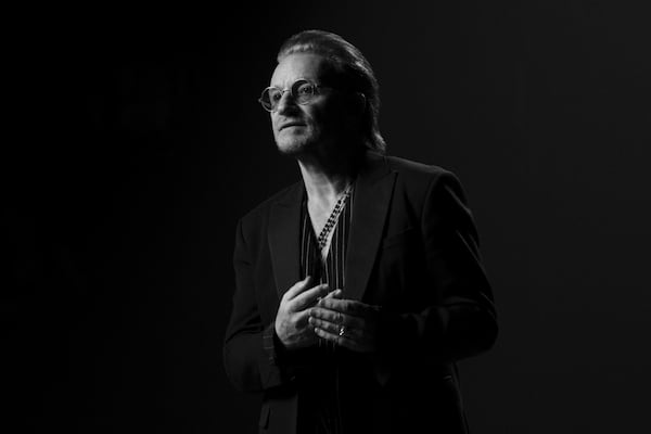 This image released by Apple TV+ shows Bono, lead singer of the Irish rock band U2, in a scene from the documentary “Bono: Stories of Surrender." (Apple TV+ via AP)