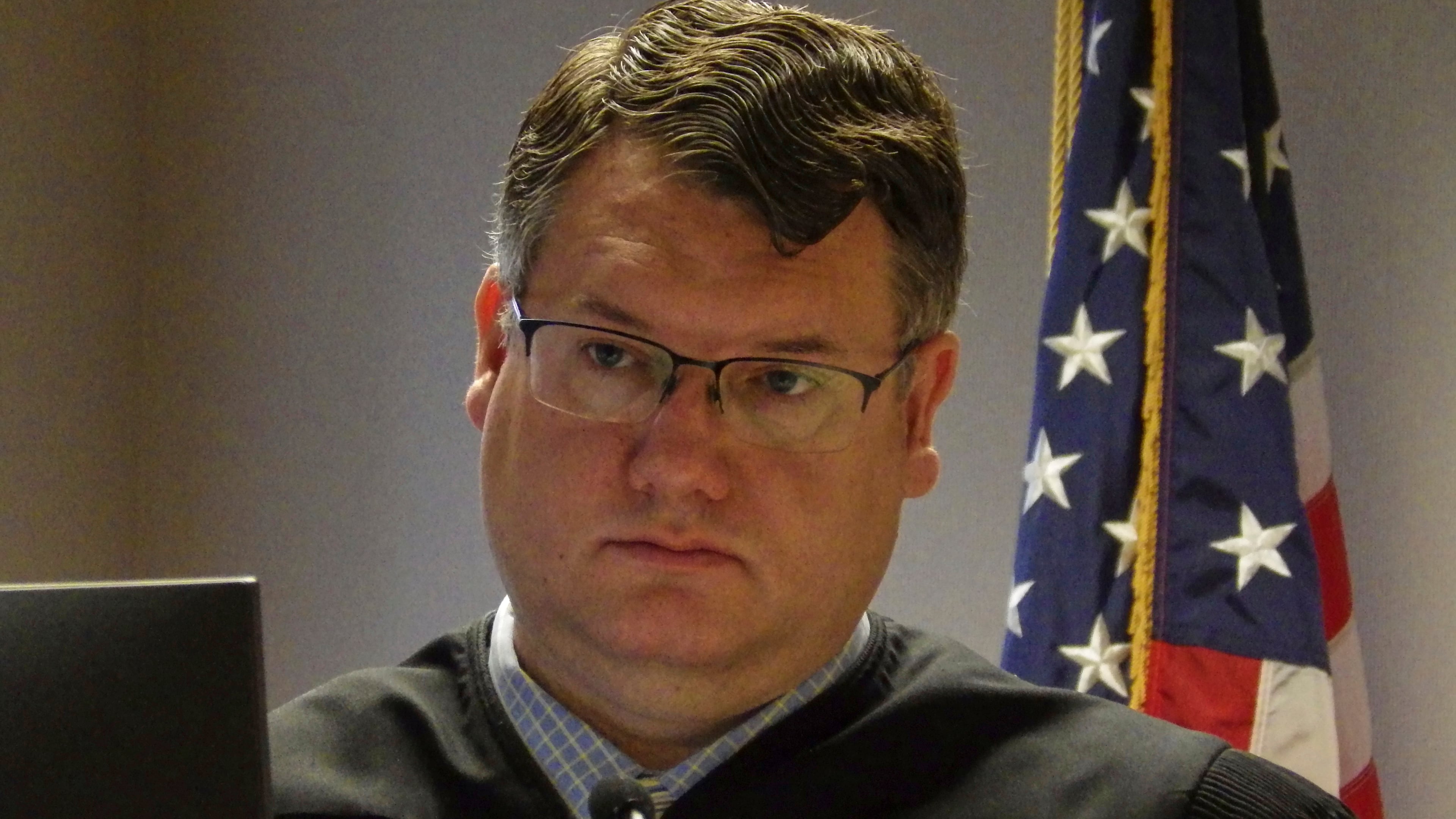 North Dakota State District Judge Jackson Lofgren listens during a court hearing on March 31, 2025, at the Burleigh County Courthouse in Bismarck, N.D. (AP Photo/Jack Dura)