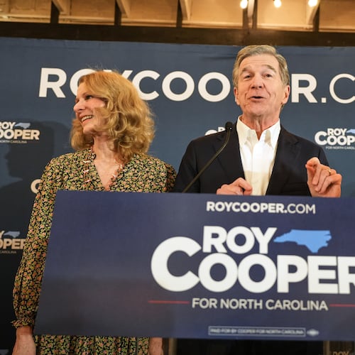 North Carolina Democratic Senate candidate former Gov. Roy Cooper speaks at a primary election night watch party Tuesday, March 3, 2026, in Raleigh, N.C. (AP Photo/Matt Ramey)