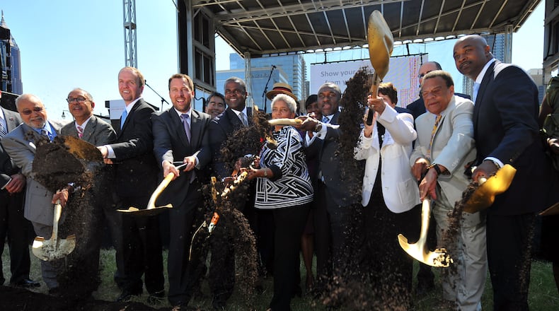 Mayor Kasim Reed, former mayor Shirley Franklin, and former mayor Andrew Young, were among more than 15 V.I.P to turn a shovel during the ground-breaking for the Center for Civil and Human Right in 2012. AJC file