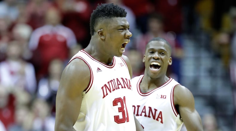 Thomas Bryant (left) and Josh Newkirk of the Indiana Hoosiers celebrate in the game against the Penn State Nittany Lions at Assembly Hall on February 1, 2017 in Bloomington, Indiana. (Photo by Andy Lyons/Getty Images)