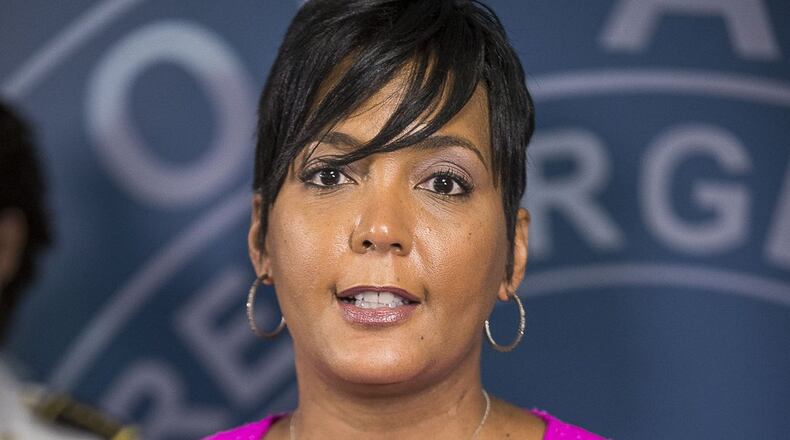 10/07/2019 — Atlanta, Georgia — Atlanta Mayor Keisha Lance Bottoms (center) speaks during a presser at the Atlanta Public Safety Headquarters, Monday, October 7, 2019. (Alyssa Pointer/Atlanta Journal Constitution)