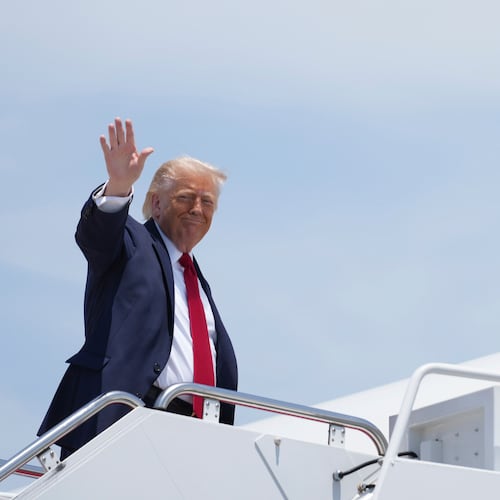 President Donald Trump waves as he boards Air Force One, Friday, June 5, 2026, at Joint Base Andrews, Md. (AP Photo/Mark Schiefelbein)