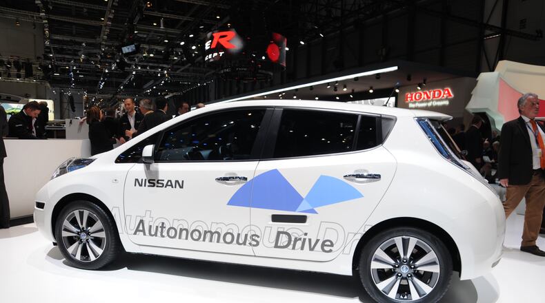 This Nissan autonomous car prototype (using a Nissan Leaf electric car) exhibited at the Geneva Motor Show in 2014. Atlanta is looking to create a “smart” corridor for driverless cars.