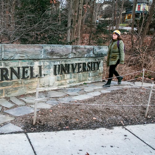 FILE - A woman walks by a Cornell University sign on the Ivy League school's campus in Ithaca, New York, Jan. 14, 2022. (AP Photo/Ted Shaffrey, File)