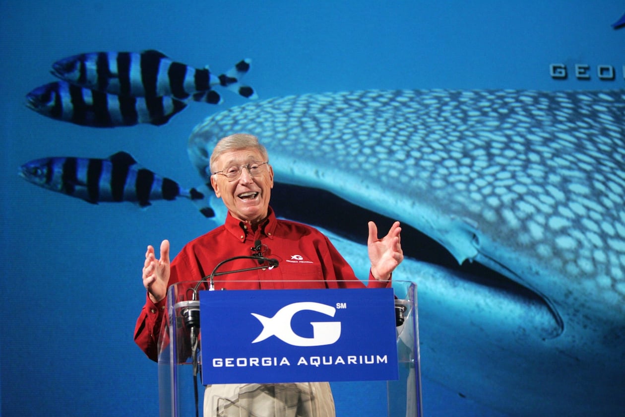 At a news conference in Atlanta in 2005, Bernie Marcus, benefactor of the Georgia Aquarium, announces that the aquarium will open as the largest in the world. (Brant Sanderlin/AJC File)