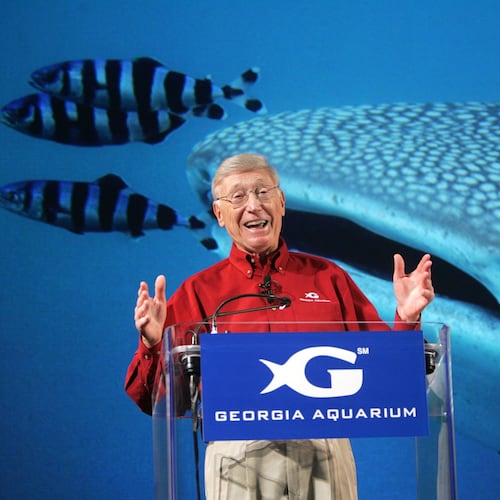 At a news conference in Atlanta in 2005, Bernie Marcus, benefactor of the Georgia Aquarium, announces that the aquarium will open as the largest in the world. (Brant Sanderlin/AJC File)