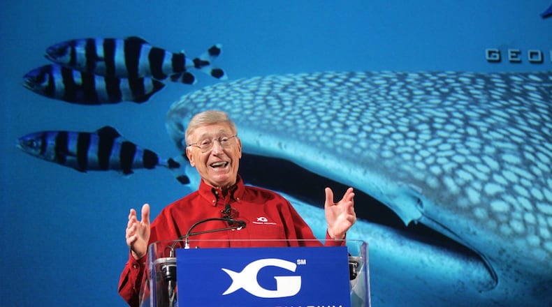 At a news conference in Atlanta in 2005, Bernie Marcus, benefactor of the Georgia Aquarium, announces that the aquarium will open as the largest in the world. (Brant Sanderlin/AJC File)