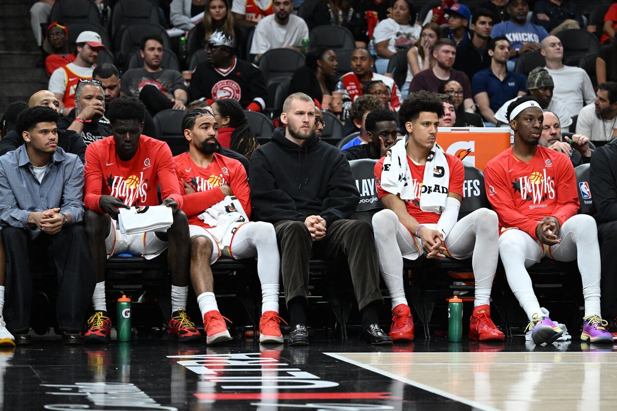 Atlanta Hawks players react during the fourth quarter in Game 6 of a first-round NBA playoff series at State Farm Arena on Thursday, April 30, 2026, in Atlanta. New York Knicks won 140-89 over Atlanta Hawks. (Hyosub Shin/AJC)