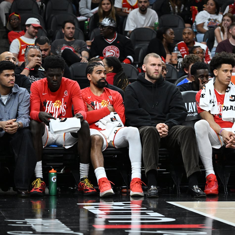 Atlanta Hawks players react during the fourth quarter in Game 6 of a first-round NBA playoff series at State Farm Arena on Thursday, April 30, 2026, in Atlanta. New York Knicks won 140-89 over Atlanta Hawks. (Hyosub Shin/AJC)
