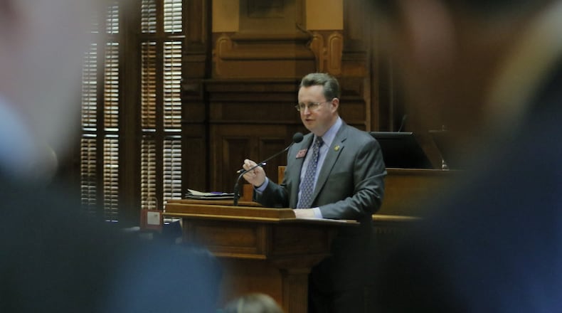 Mar. 1 2017 - Atlanta - Rep. Kevin Tanner, chief sponsor of House Bill 338, explains his legislation on the House floor Wednesday when it was approved by a wide margin. Legislation seeks to turn around low-performing schools in Georgia. The 27th legislative day of the 2017 Georgia General Assembly. BOB ANDRES /BANDRES@AJC.COM