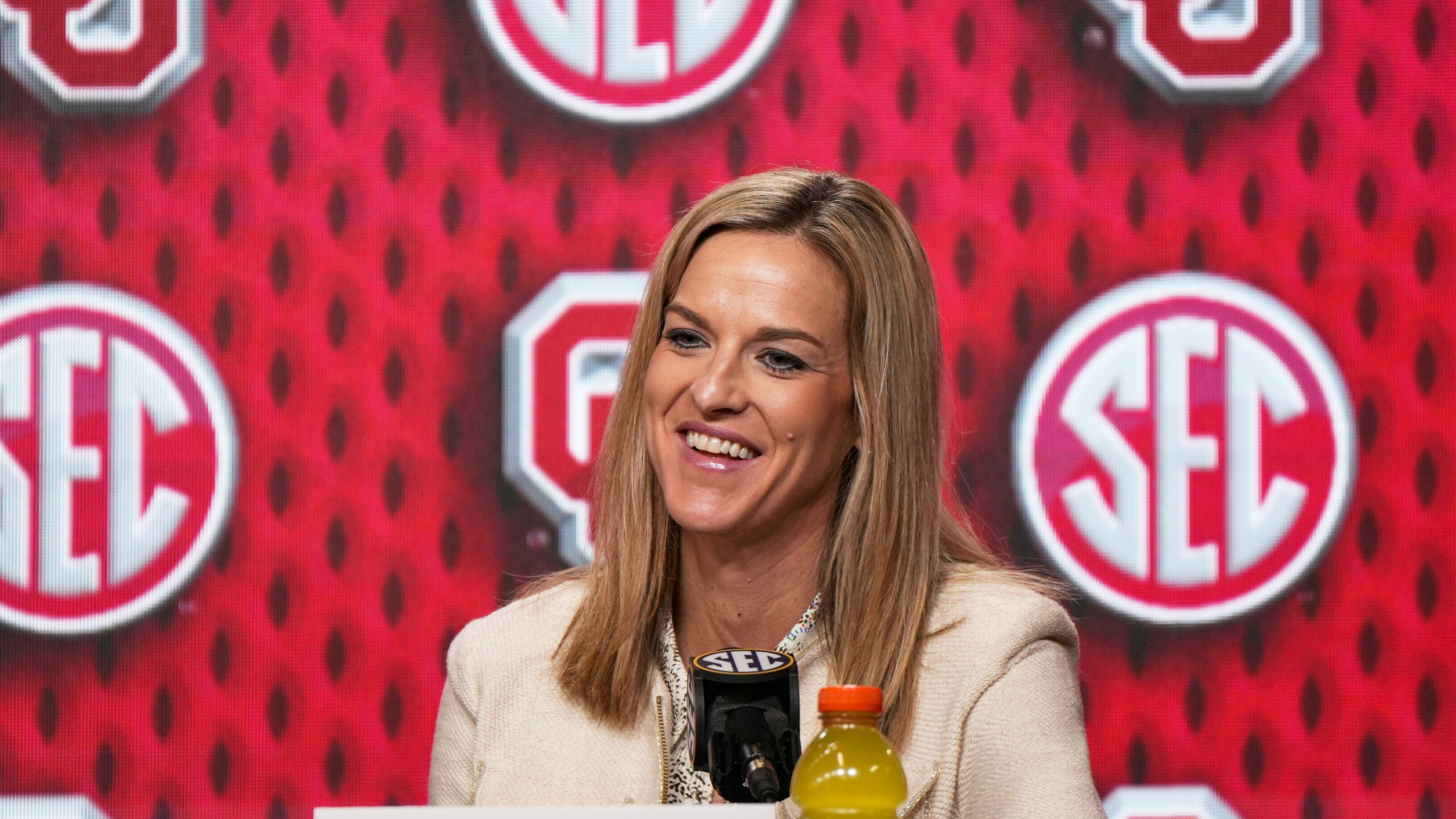 FILE - Oklahoma head coach Jennie Baranczyk answers questions during a press conference following an NCAA college basketball game against Kentucky in the quarterfinals of the Southeastern Conference tournament, March 7, 2025, in Greenville, S.C. (AP Photo/David Yeazell, File)