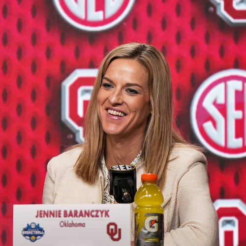 FILE - Oklahoma head coach Jennie Baranczyk answers questions during a press conference following an NCAA college basketball game against Kentucky in the quarterfinals of the Southeastern Conference tournament, March 7, 2025, in Greenville, S.C. (AP Photo/David Yeazell, File)