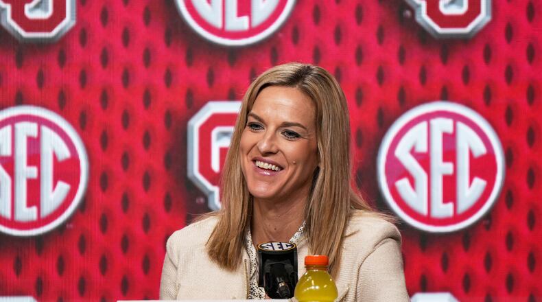 FILE - Oklahoma head coach Jennie Baranczyk answers questions during a press conference following an NCAA college basketball game against Kentucky in the quarterfinals of the Southeastern Conference tournament, March 7, 2025, in Greenville, S.C. (AP Photo/David Yeazell, File)