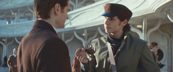 This image released by Disney shows Kyle Soller, left, and Abraham Wapler in a scene from the second season of Lucasfilm's "Andor." (Lucasfilm Ltd./Disney via AP)