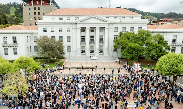 Demonstrations gather at the University of California, Berkeley to protest the Trump administration as part of a Day of Action for Higher Education on Thursday, April 17, 2025, in Berkeley, Calif. (AP Photo/Noah Berger)