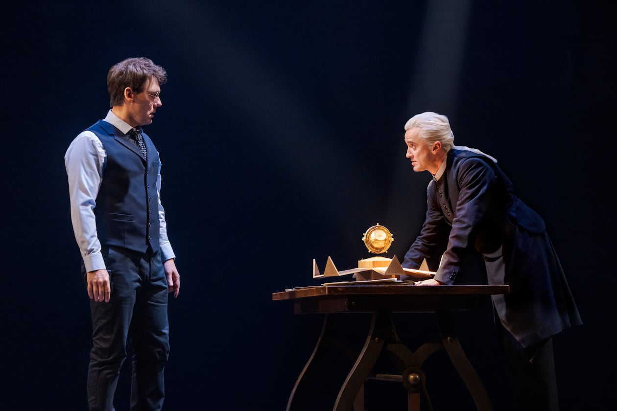 This photo provided by Matthew Murphy shows from left, John Skelley as Harry Potter and Tom Felton as Draco Malfoy in "Harry Potter and The Cursed Child. (Matthew Murphy via AP)