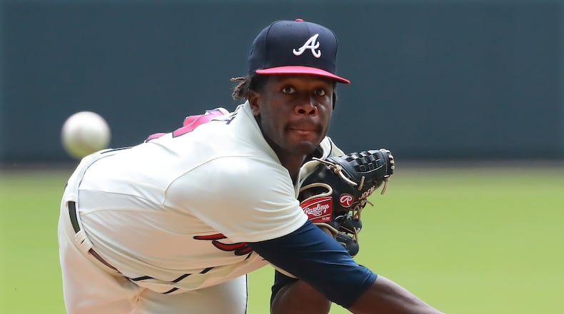 Highly-regarded pitching prospect Touki Toussaint made his major-league debut Monday as the Braves faced Miami in the first game of a day-night doubleheader at Turner Field. (Curtis Compton/ccompton@ajc.com)