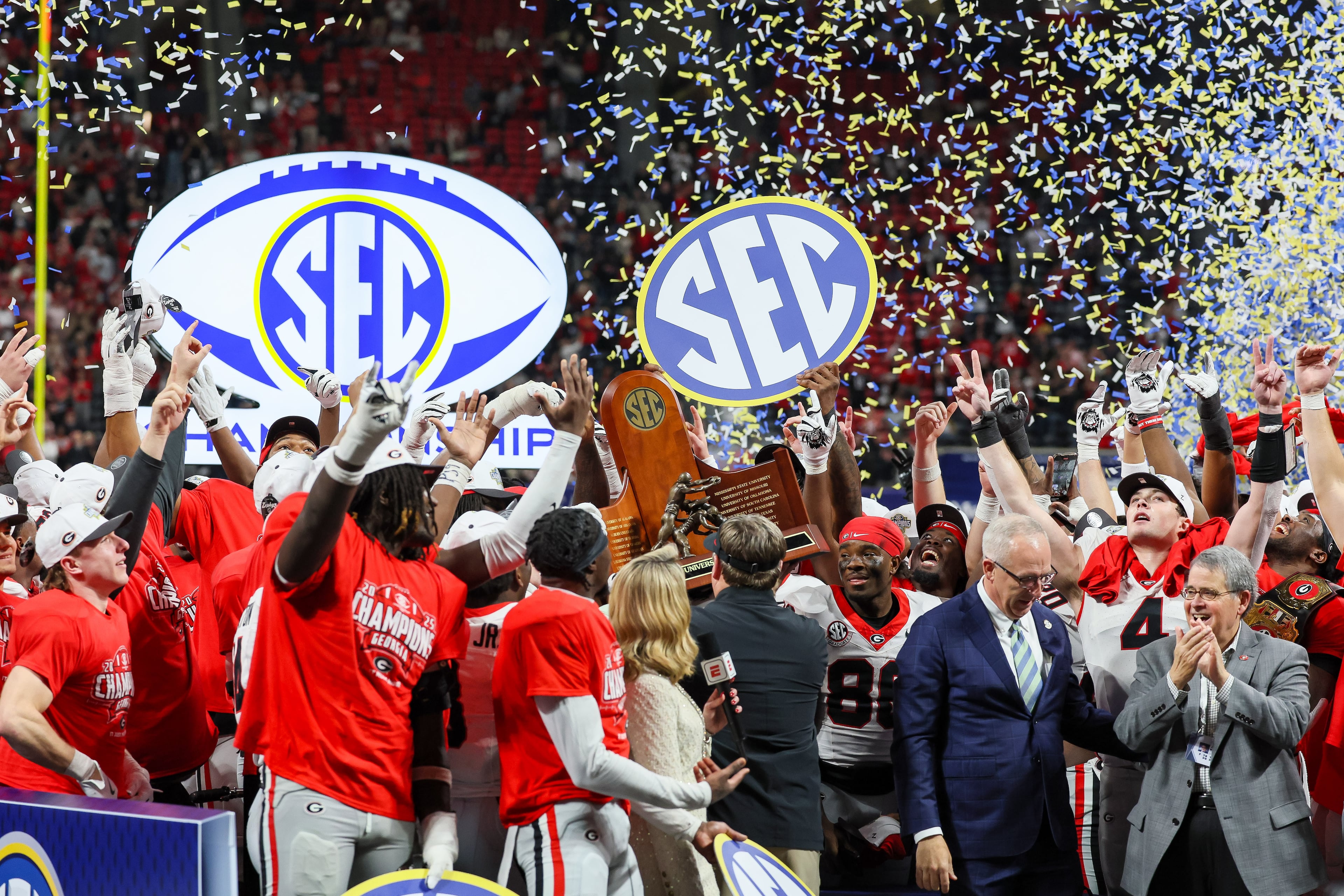 Georgia celebrates a 28-7 victory over Alabama in the SEC Championship game at Mercedes-Benz Stadium, Saturday, Dec. 6, 2025, in Atlanta. (Jason Getz / AJC)