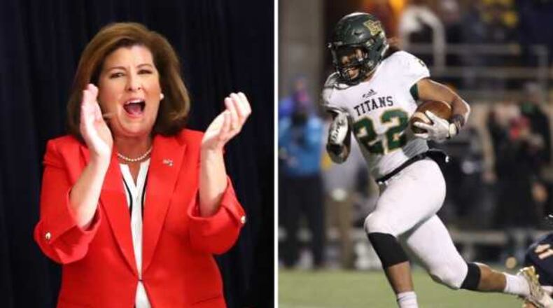 Rep. Karen Handel congratulated the Blessed Trinity football team at the United States Capitol on Thursday. The Titans won the state AAAA title in December.