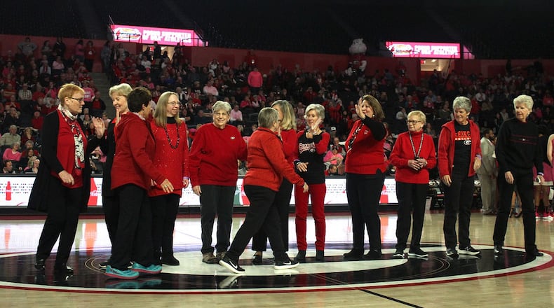 Members of a UGA 1968-69 women's basketball team are honored at the UGA Lady Bulldogs versus the Florida Gators game Sunday, Feb. 10, 2019, at Stegeman Coliseum. There team pre-dated the officially sanctioned team, but set in motion what a few years later would become Georgia's first official women's basketball team.