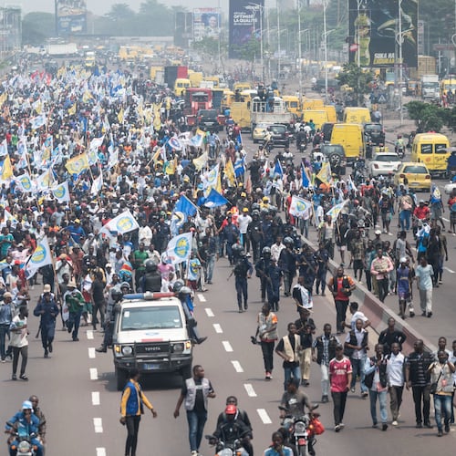 People march during a protest organized by opposition parties against constitutional changes proposed by President Felix Tshisekedi, in Kinshasa, Congo, Tuesday, Sept. 15, 2026. (AP Photo/Samy Ntumba Shambuyi)