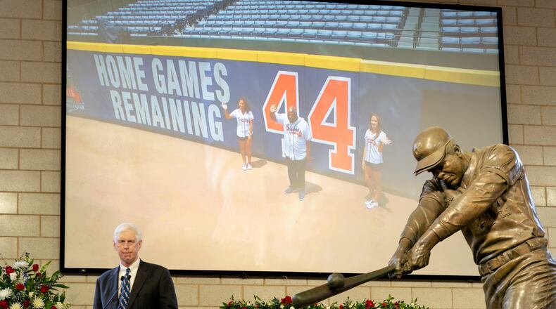 Braves Chairman Terry McGuirk speaks during a memorial service celebrating the life and legacy of Hank Aaron at Truist Park on Tuesday. . Photo by Kevin D. Liles/Atlanta Braves