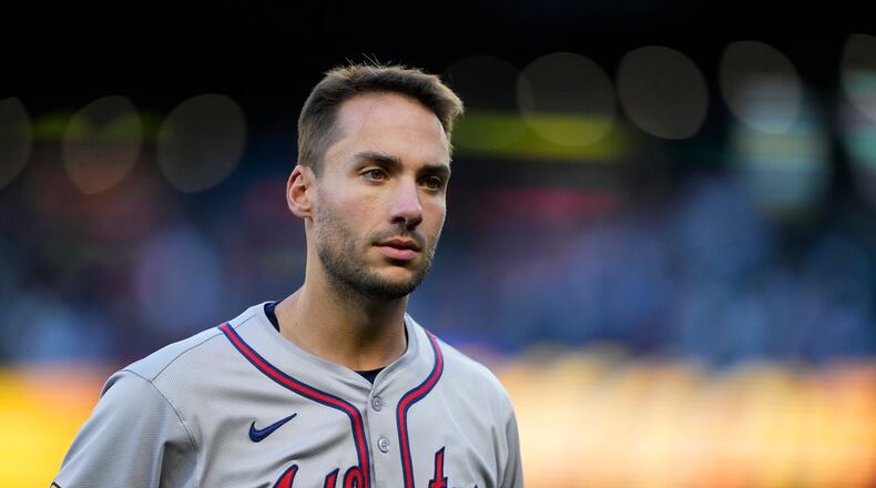 Atlanta Braves' Matt Olson looks on during a baseball game against the Seattle Mariners, Tuesday, April 30, 2024, in Seattle. (AP Photo/Lindsey Wasson)