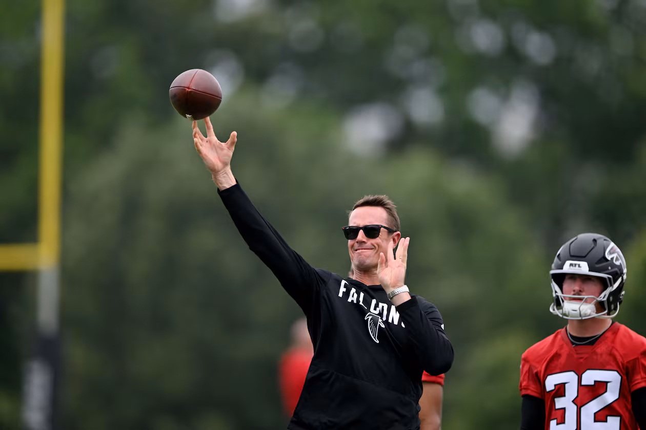 Falcons president of football Matt Ryan throws during an OTA workout at the Atlanta Falcons Training Facility on Wednesday, May 27, 2026, in Flowery Branch. As a former player, perspective may be Ryan’s greatest attribute. (Hyosub Shin/AJC)