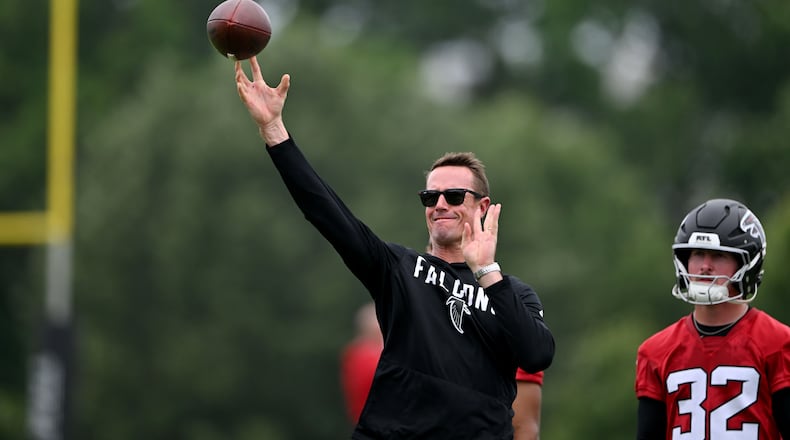 Falcons president of football Matt Ryan throws during an OTA workout at the Atlanta Falcons Training Facility on Wednesday, May 27, 2026, in Flowery Branch. As a former player, perspective may be Ryan’s greatest attribute. (Hyosub Shin/AJC)