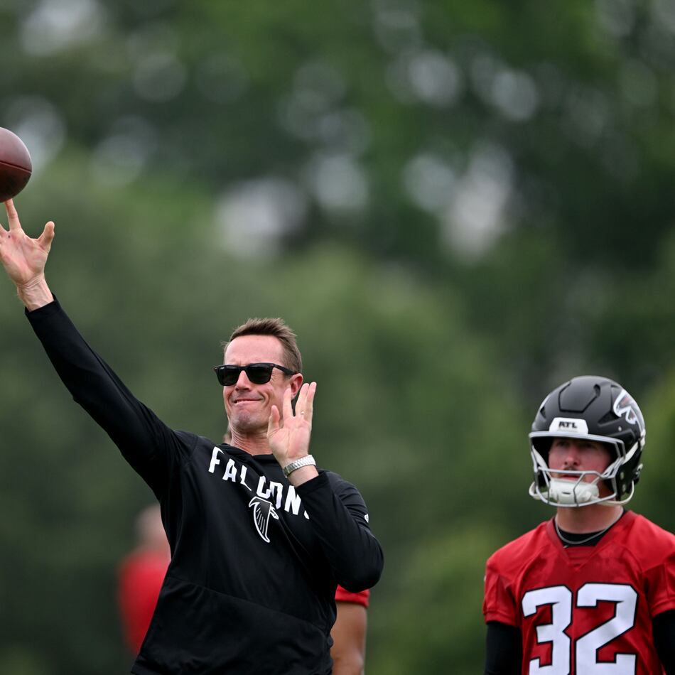 Falcons president of football Matt Ryan throws during an OTA workout at the Atlanta Falcons Training Facility on Wednesday, May 27, 2026, in Flowery Branch. As a former player, perspective may be Ryan’s greatest attribute. (Hyosub Shin/AJC)
