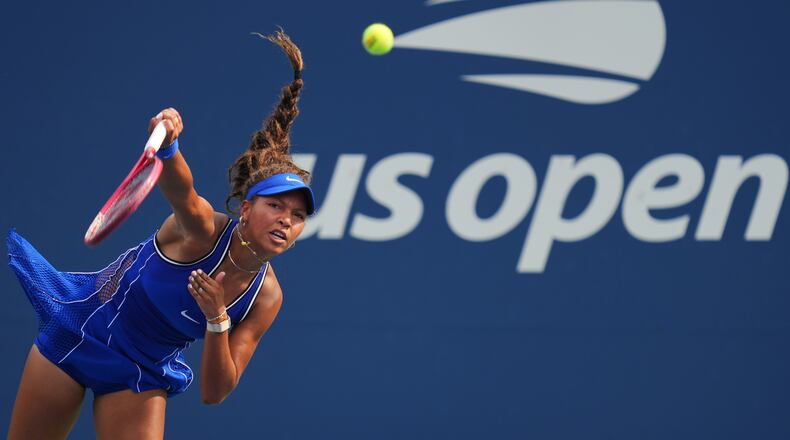 Thea Frodin, of the United States, serves the ball to Elena Rybakina, of Kazakhstan, during the first round of the U.S. Open tennis championships Tuesday, Sept. 1, 2026, in New York. (AP Photo/Kirsty Wigglesworth)