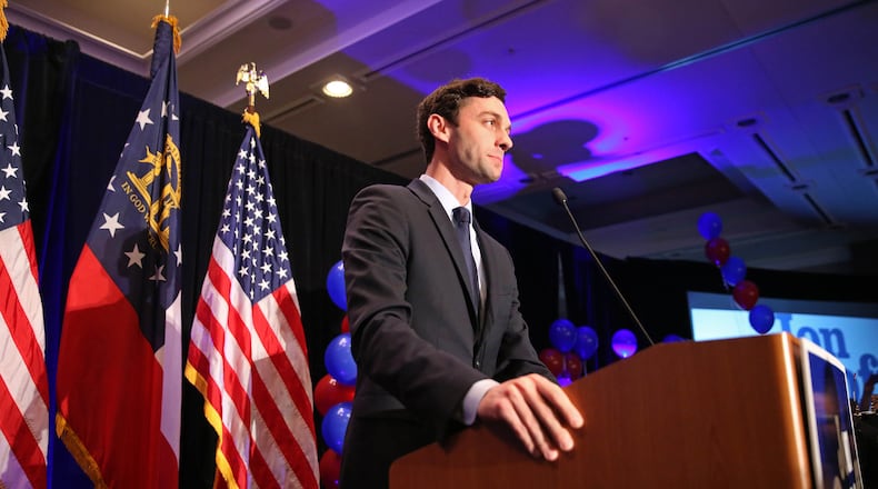 Democrat Jon Ossoff delivers his concession speech in Georgia's 6th District race. PHOTO / JASON GETZ
