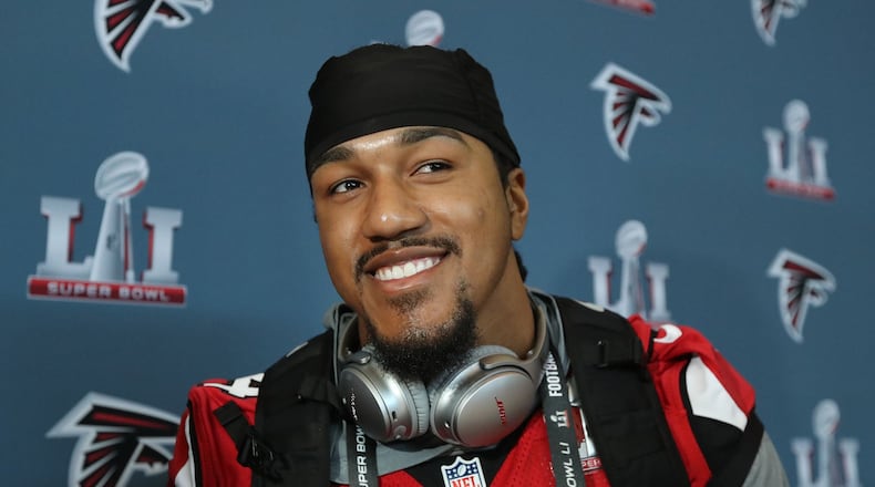 Vic Beasley Jr. smiles during Super Bowl media availability on Wednesday, Feb. 1, 2017, at the Memorial City Mall ice arena in Houston. Curtis Compton/ccompton@ajc.com