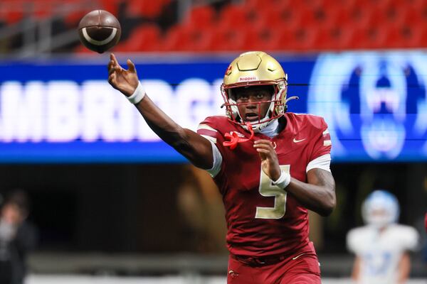 Brookwood quarterback Gary Chatman attempts a pass during the first half against Cambridge in the GHSA football game in the Corky Kell + Dave Hunter Classic at Mercedes-Benz Stadium, Thursday, August 13, 2026, in Atlanta. (Jason Getz/AJC)